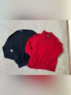 Lot of 2 men’s medium polo by Ralph Lauren sweaters black red quarter zip cotton